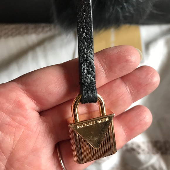 Michael Kors Black Leather Purse Tote with Fur Pom Pom - Picture 3 of 10